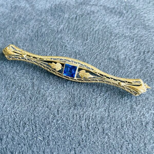 Edwardian 14k Signed Solid Gold & Lab Sapphire Vintage Filigree Floral Brooch